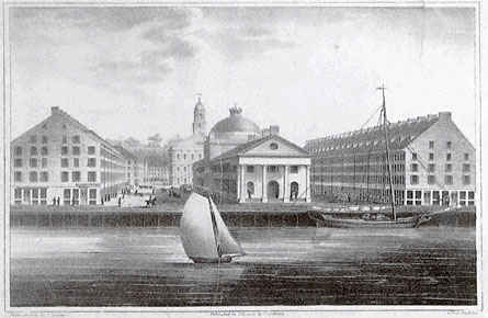 Drawing of Quincy Market on waterfront
